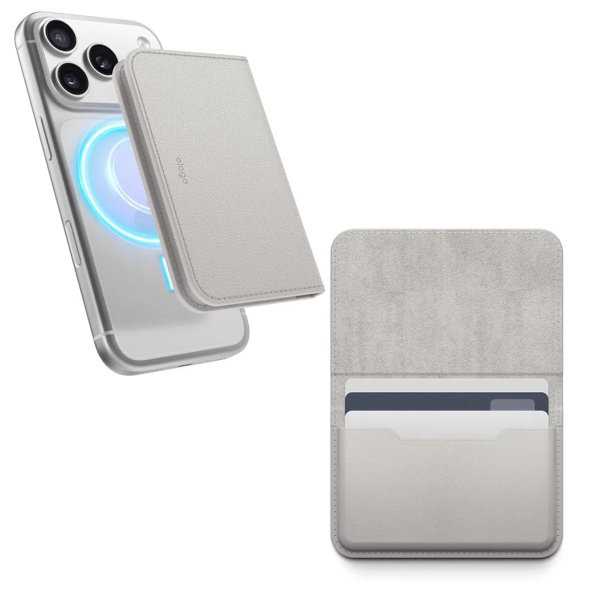elago Tarjetero Magnético de Cuero Vegano para 4 Tarjetas - Compatible con MagSafe para iPhone, Cartera Segura para el Teléfono, Protección contra Arañazos, Admite Monedas y Billetes (Gris Claro)