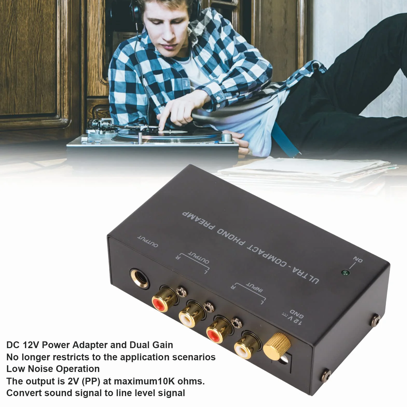 Preamplificador de Phono PP400, Amplificador para Tocadiscos con Control de Botón Independiente, Entrada y Salida de Audio
