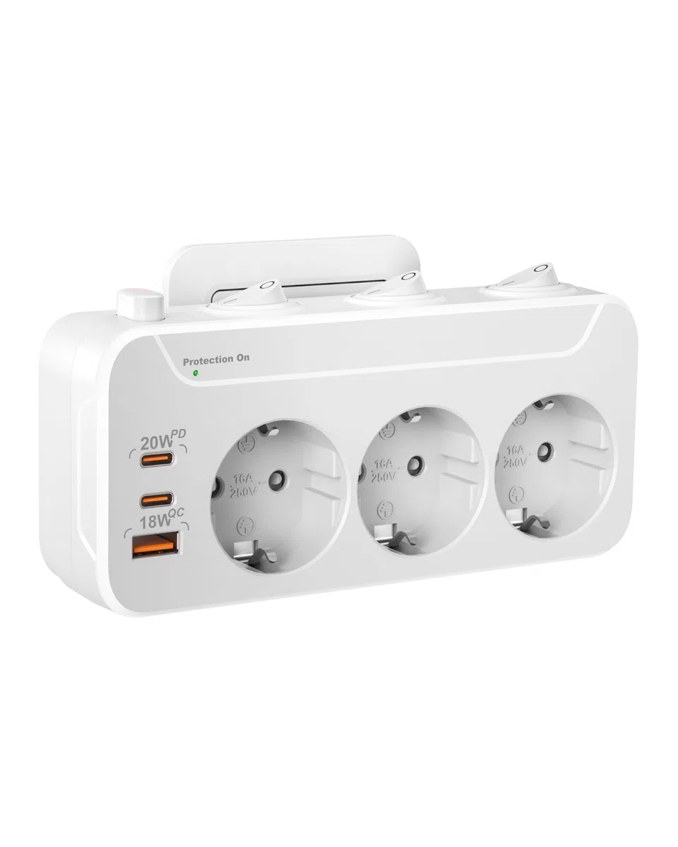 Ladron Enchufes USB C,Regletas Enchufes Pared Carga Rápida PD20W y QC18W,Enchufe Multiple 3 Tomas,Vertical Trifasico Enchufe con Interruptor,Adaptador Enchufe Triple Proteccion Sobretension,Blanco