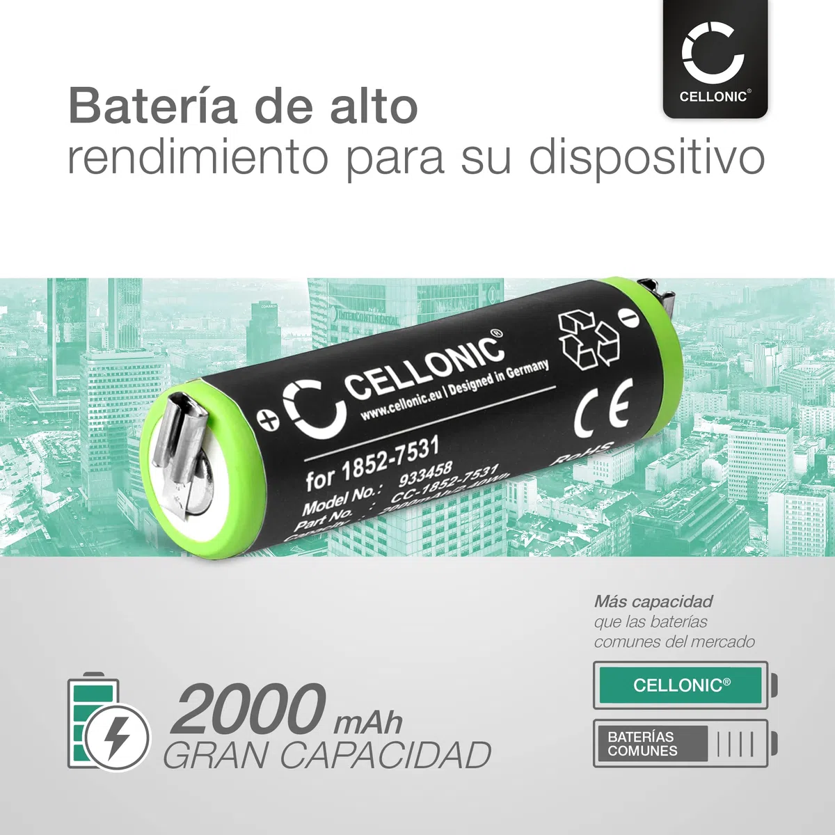 CELLONIC, Batería para Afeitadora Compatible con Moser ChroMini 1591Q, Contura 1591, 1852-7531 (1.2V, 2000mAh) 2 Unidades