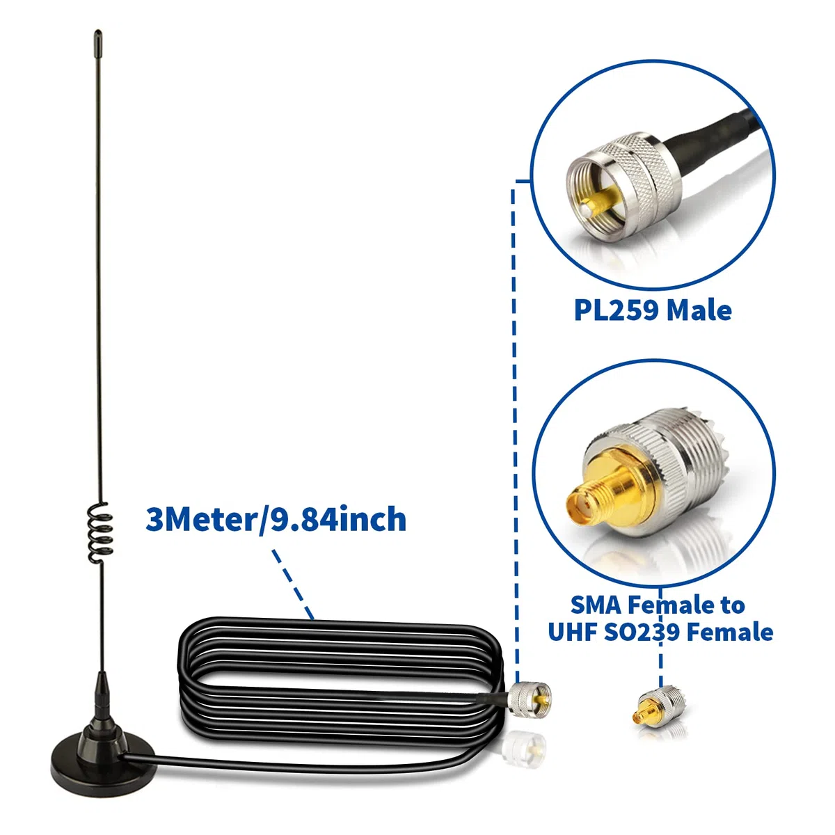 Bingfu Ham Radio Antena Vehículo Móvil Antena Banda Dual VHF UHF 136-174MHz 400-460MHz Magnética Base PL259 Macho para BTECH ICOM Midland Yaesu TYT AnyTone Radio Amateur Bidireccional