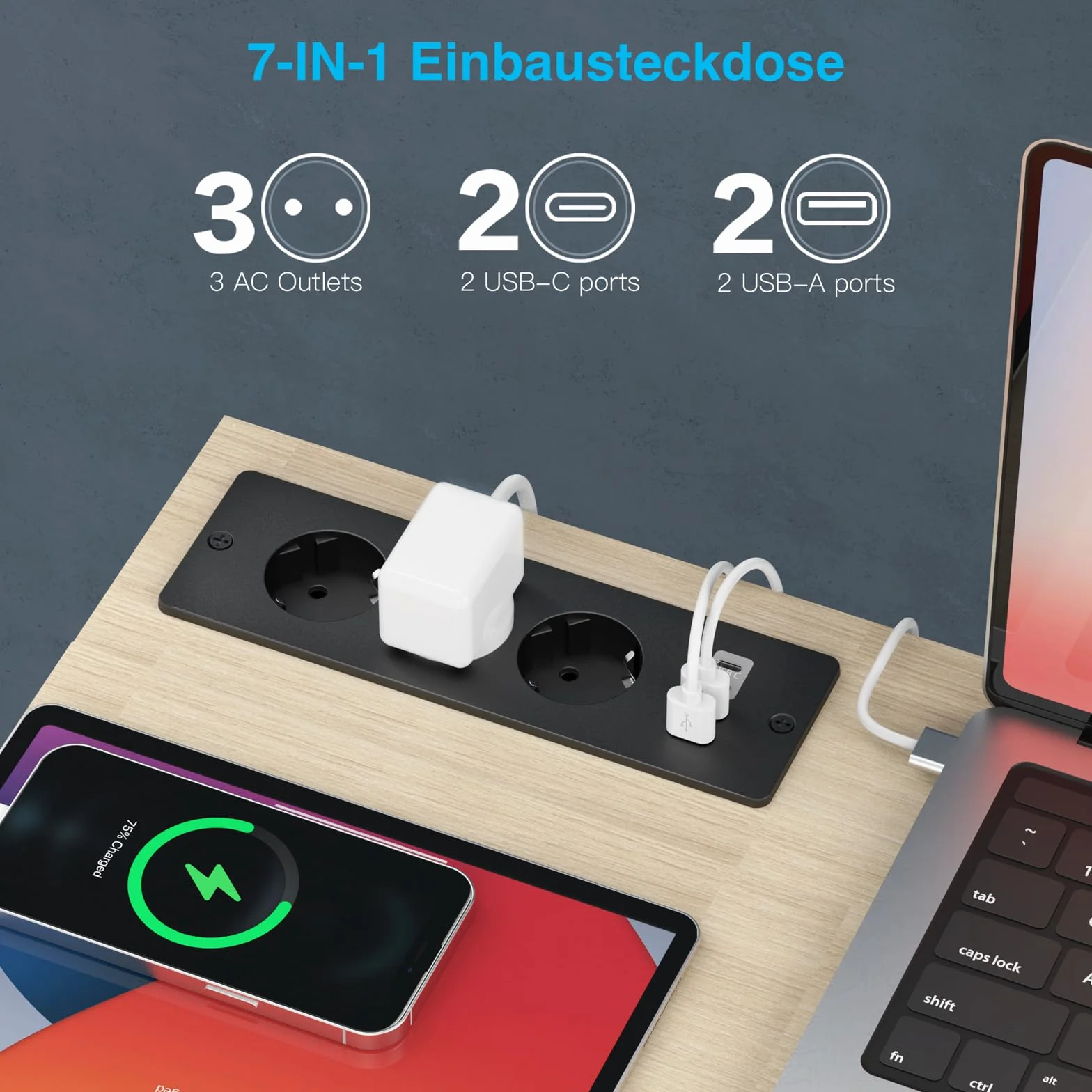 Toma de Empotrar de Sobremesa con 2 USB y 2 Type-C, Regleta Empotrable de 3 Vías con Cable de 2m, Toma de Sobremesa, Toma Múltiple para Muebles o Superficies de Trabajo, Negro