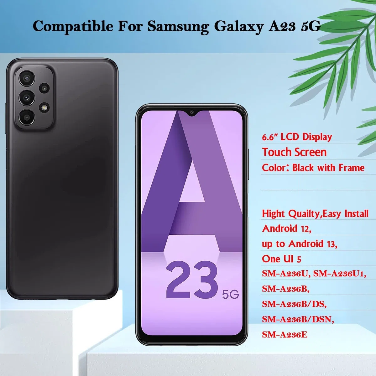 6.6'' Negro + Marco Pantalla LCD para Samsung Galaxy A23 5G SM-A236U SM-A236B SM-A236E Kit de Reparación de Pantalla Táctil Digitalizador con Herramientas