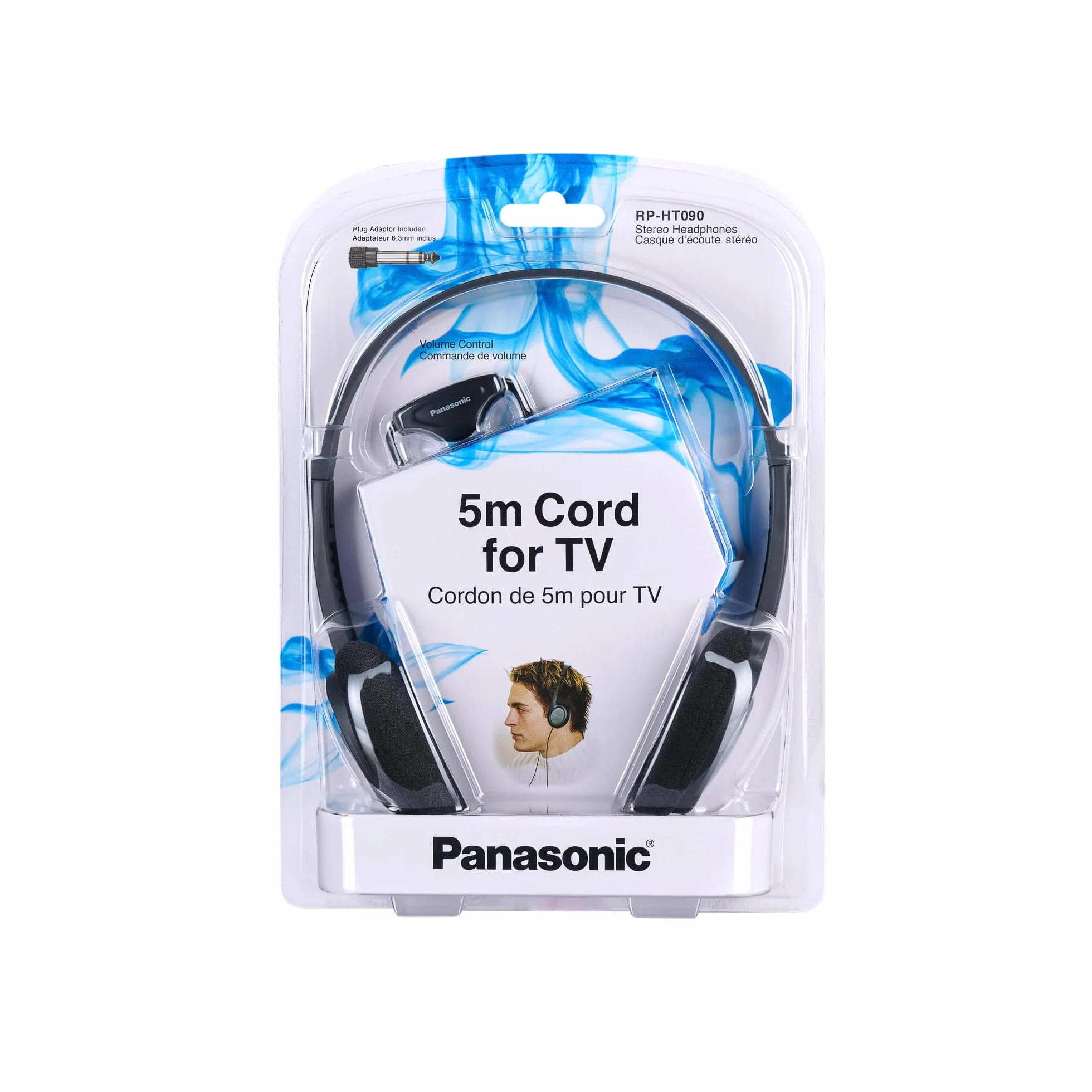 Panasonic RP-HT090E-H Auriculares Estéreo Ligeros, Supraaurales, Cable de 5 m, Control De Volumen, XBS, Conector de 3,5 mm, Color Negro