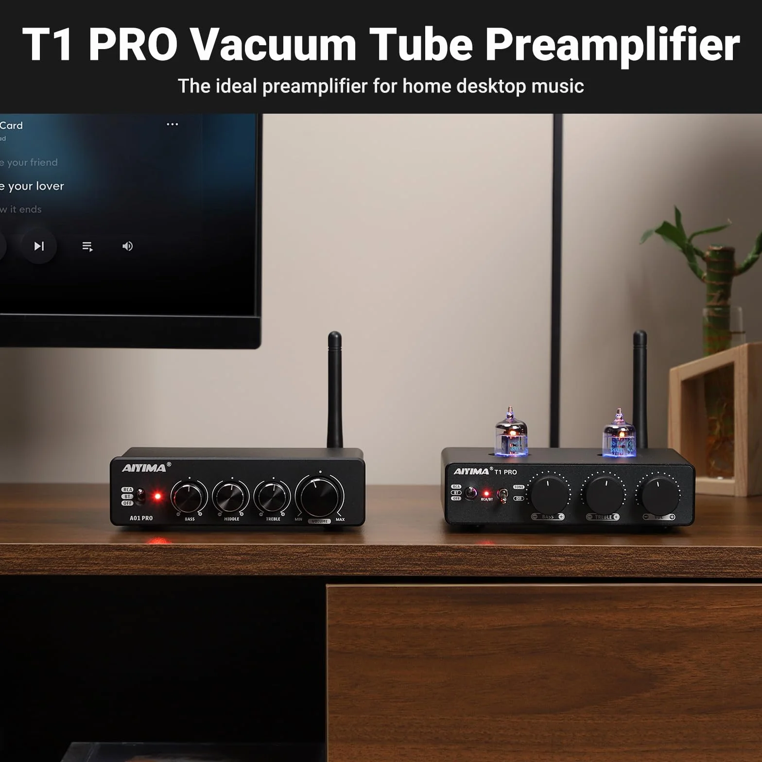 AIYIMA T1PRO Preamplificador de Tubo Audio Bluetooth 5.1 con Controles de Graves y Agudos