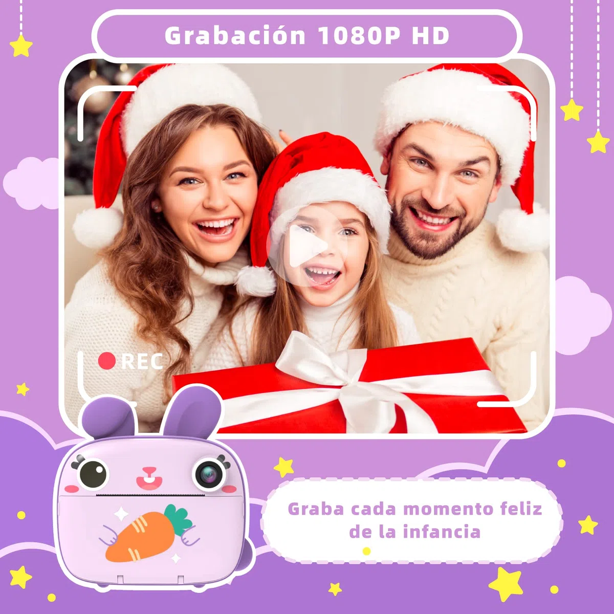 CAMCLID Camara Fotos Infantil Instantanea, 12MP/1080P Cámara Instantánea para Niños con Papel de Impresión Sin Tinta y Tarjeta 32G, Regalos para Niños y Niñas 3 a 12 Años (Violeta)