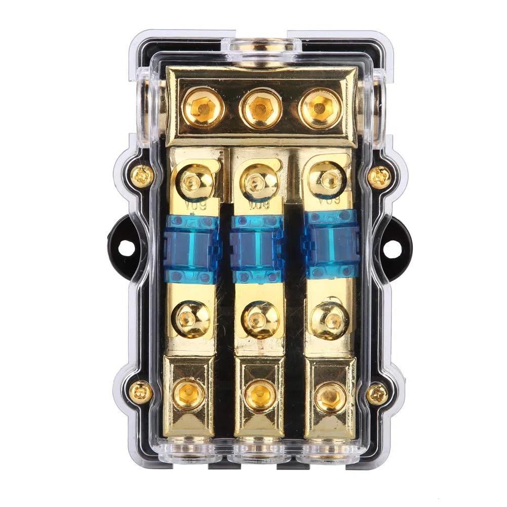 Portafusibles de Cuchilla para Automóvil, 24V 60A, 3 Salidas, con Cubierta Protectora, para Circuito Audio Estéreo