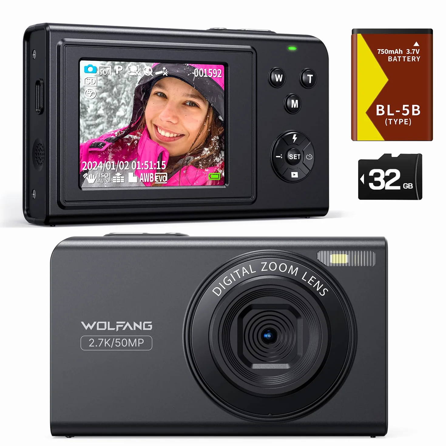 WOLFANG Cámara digital, cámara infantil de 2,7 K para fotografía, cámara compacta de vlogging de 50 MP, cámara de vídeo digital con zoom de 16 X, cámara digital de enfoque automático y disparo, regalo