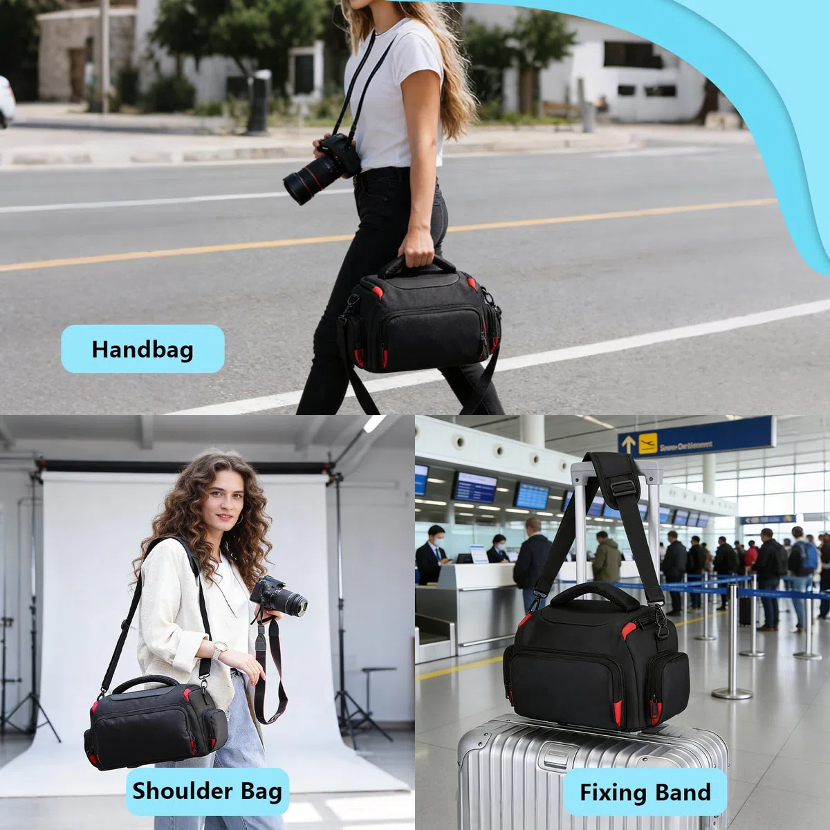 Bolsa para Cámara Réflex DSLR y Mirrorless, Bolso Fotográfico Bandolera con Divisores Ajustables, Funda Acolchada Impermeable, Correa Regulable, Negro