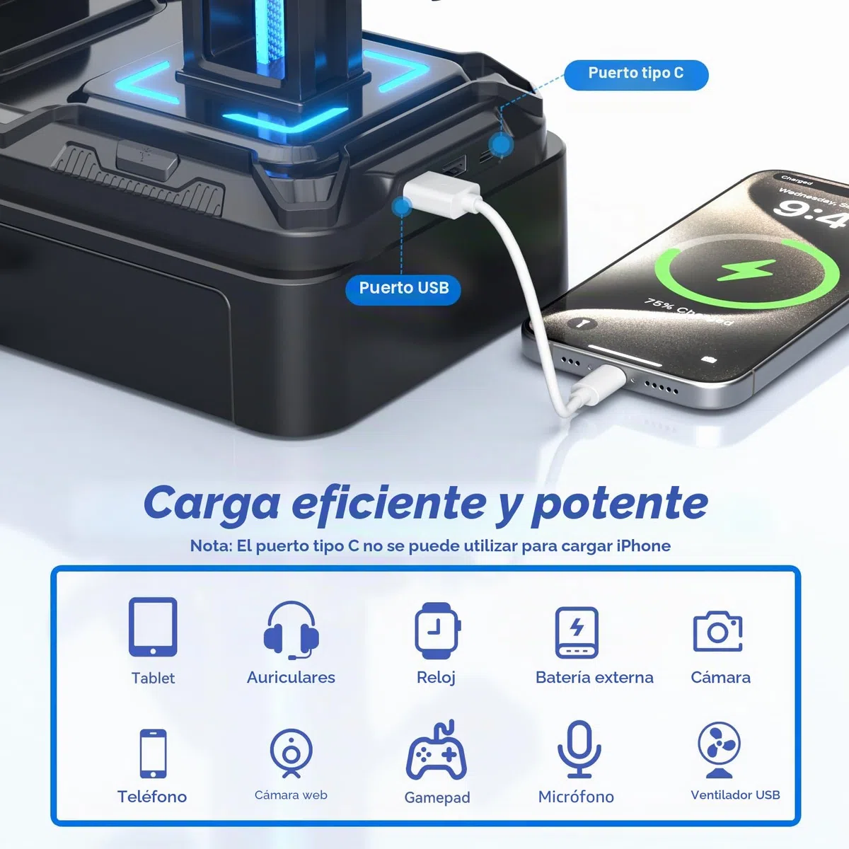 KDD Soporte Auriculares Gaming con Cargadores USB A Tip C, Soporte Cascos Gaming & Soporte Mandos PS5 Extraíble con Cajón para Móviles Tabletas para Escritorio Gamer Accesorios Gaming PC
