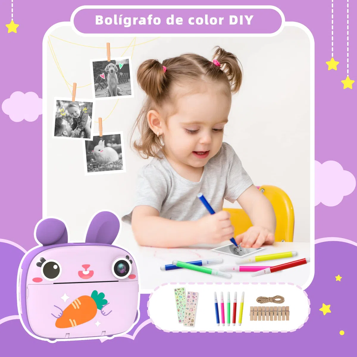 CAMCLID Camara Fotos Infantil Instantanea, 12MP/1080P Cámara Instantánea para Niños con Papel de Impresión Sin Tinta y Tarjeta 32G, Regalos para Niños y Niñas 3 a 12 Años (Violeta)