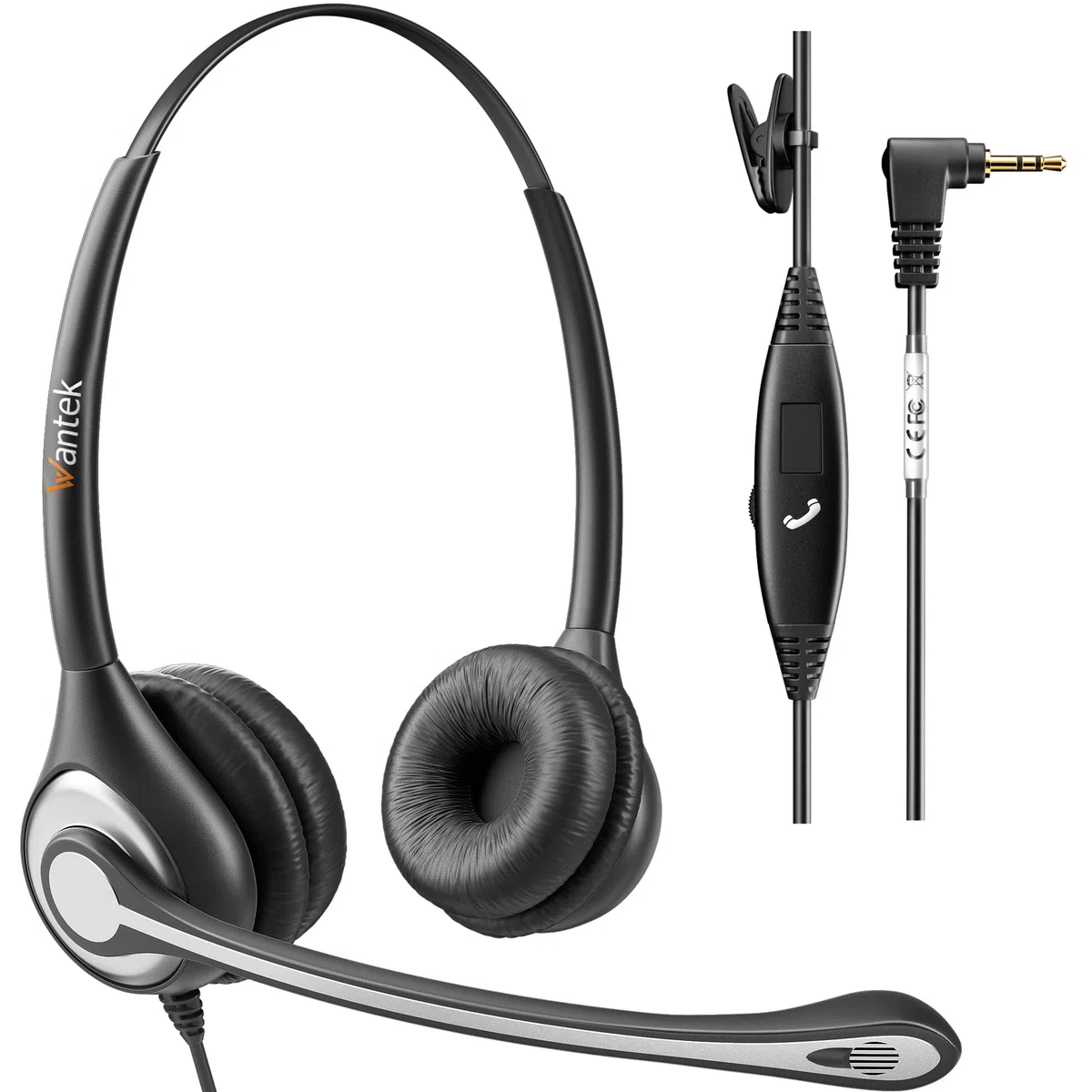 Auriculares Teléfono Fijo Inalámbrico 2,5 mm Dual, Micrófono con Cancelación de Ruido, WANTEK Cascos con Control de Volumen para Gigaset Panasonic Grandstream Teléfonos DECT(F602J25)