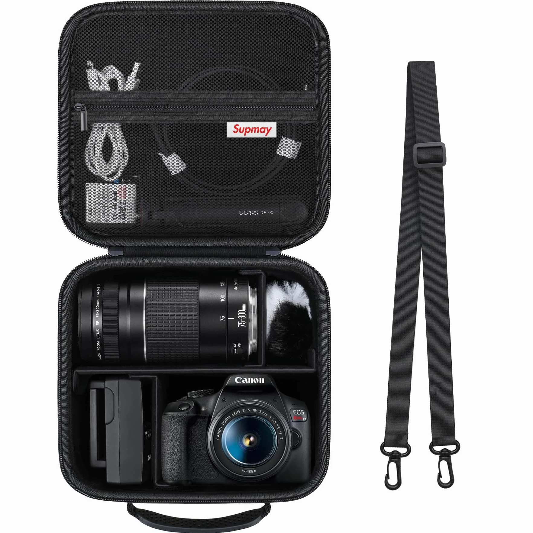 Funda de Viaje Dura para cámara DSLR Canon EOS Rebel T7 / EOS R50 / R6 Mark II / R100 / R50V / R8 / R7 / R10 sin Espejo, Lente, trípode con 3 Piezas de divisores y Correa de Hombro, Negro