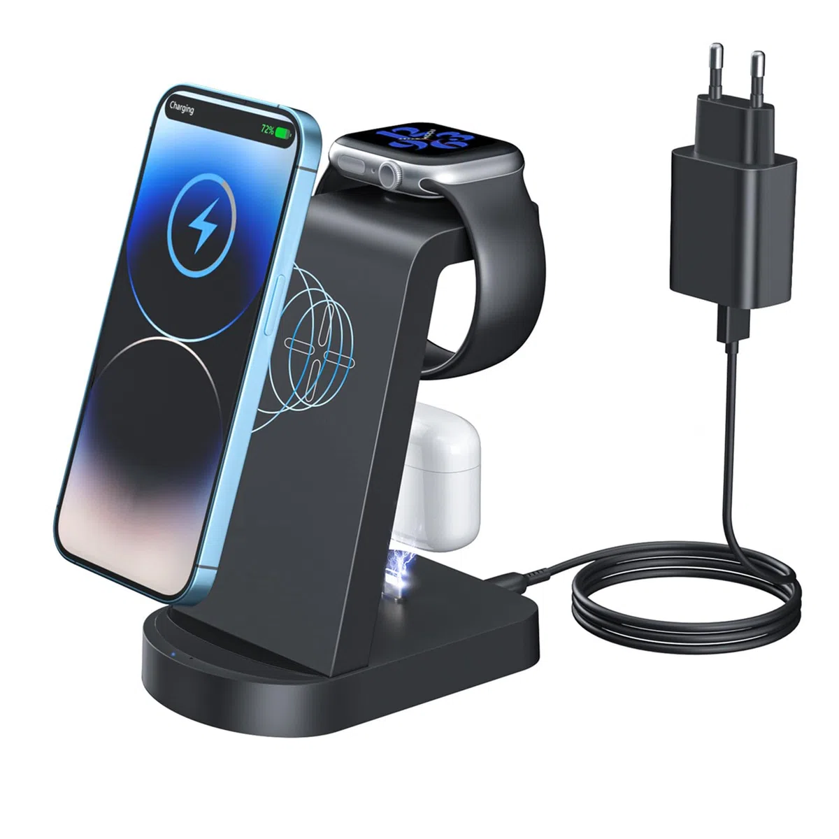 Cargador inalambrico,INNISTO Cargador inalambrico con 18W Adaptador,estacion de Carga Compatible con iPhone 17/16/15/14/13/12 Pro/Pro MAX,Apple Watch Ultra/10/9/8/7/SE/SE2/6/5/4 AirPods321/Pro1 Negro