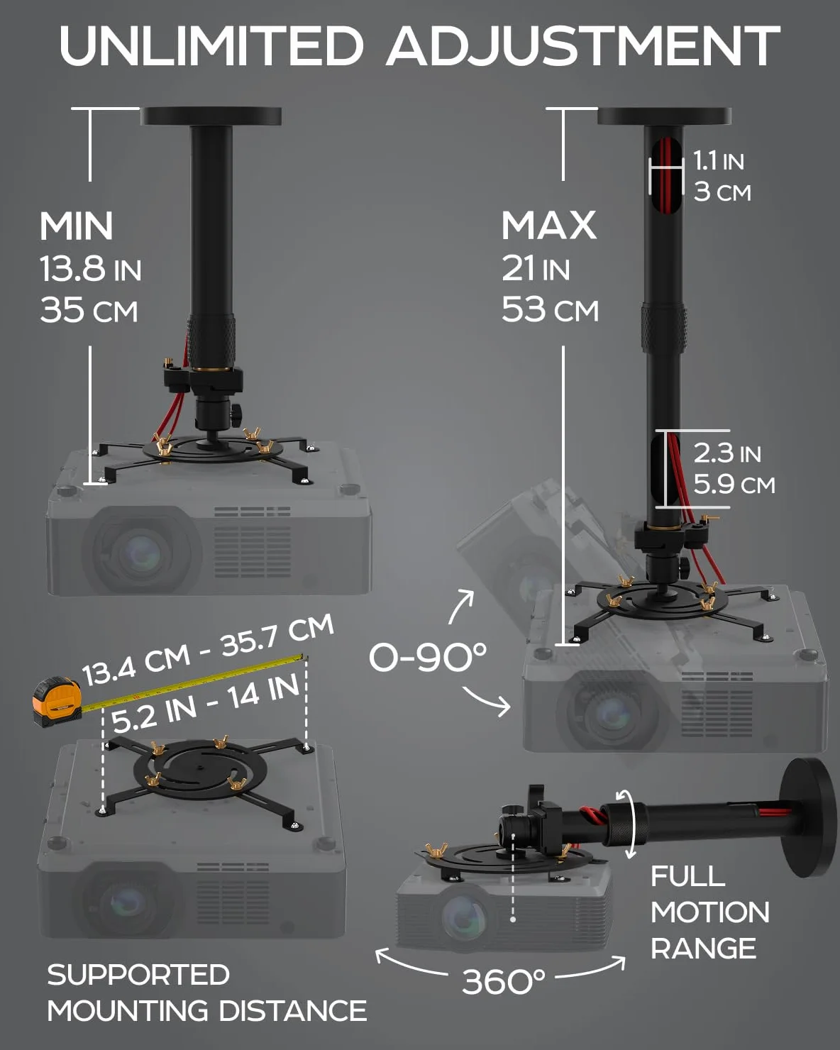Soporte universal para proyector PropVue: soporte de pared o techo ajustable para miniproyectores de oficina y domésticos: movimiento completo, fácil instalación, giro de 360°, longitud de 35 a 53 cm