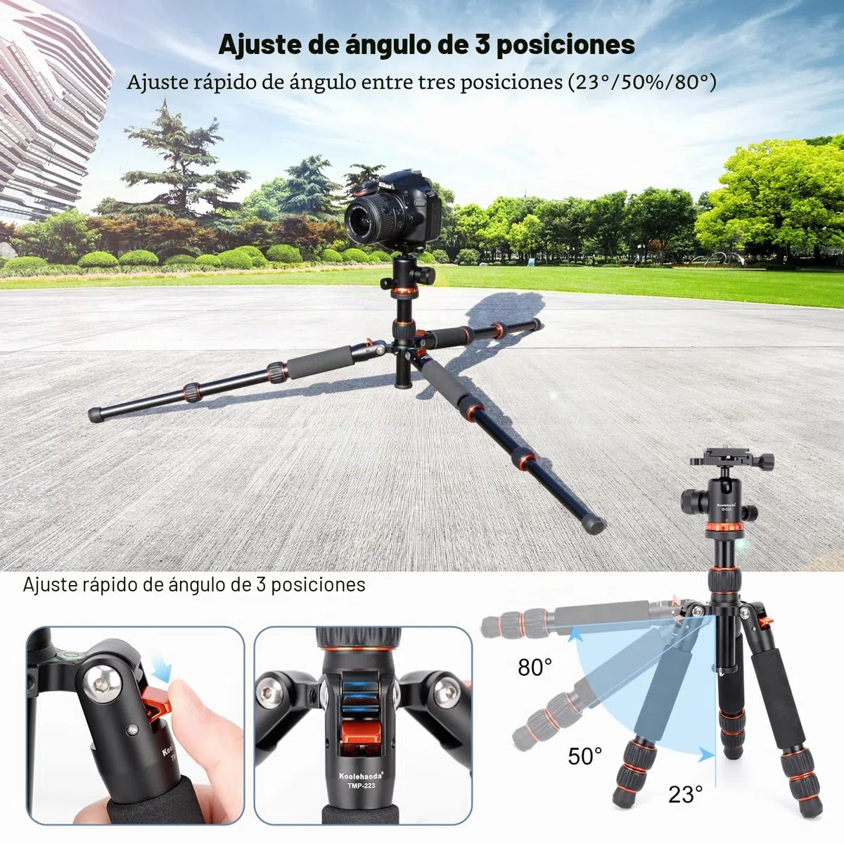 Koolehaoda Mini trípode de cámara 63,5 cm Trípode de Mesa Compacto de Aluminio Trípode de Viaje portátil con rótula de Bola de 360° para cámara DSLR Videocámara, Carga hasta 10 kg - (Naranja)