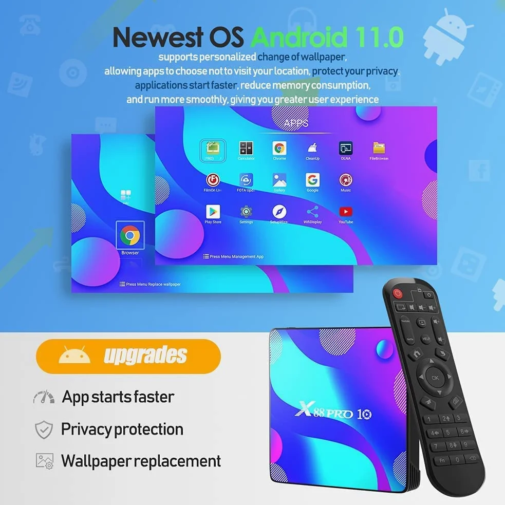 Android 11.0 TV Box, Android Box 4GB RAM 32GB ROM S905X2 Quad-Core Cortex-A53 Support 2.4G/5G WiFi/100M/H.265 Decoding/4K Full HD Output/ HDMI3.0/ Bluetooth 4.1 Smart TV Box