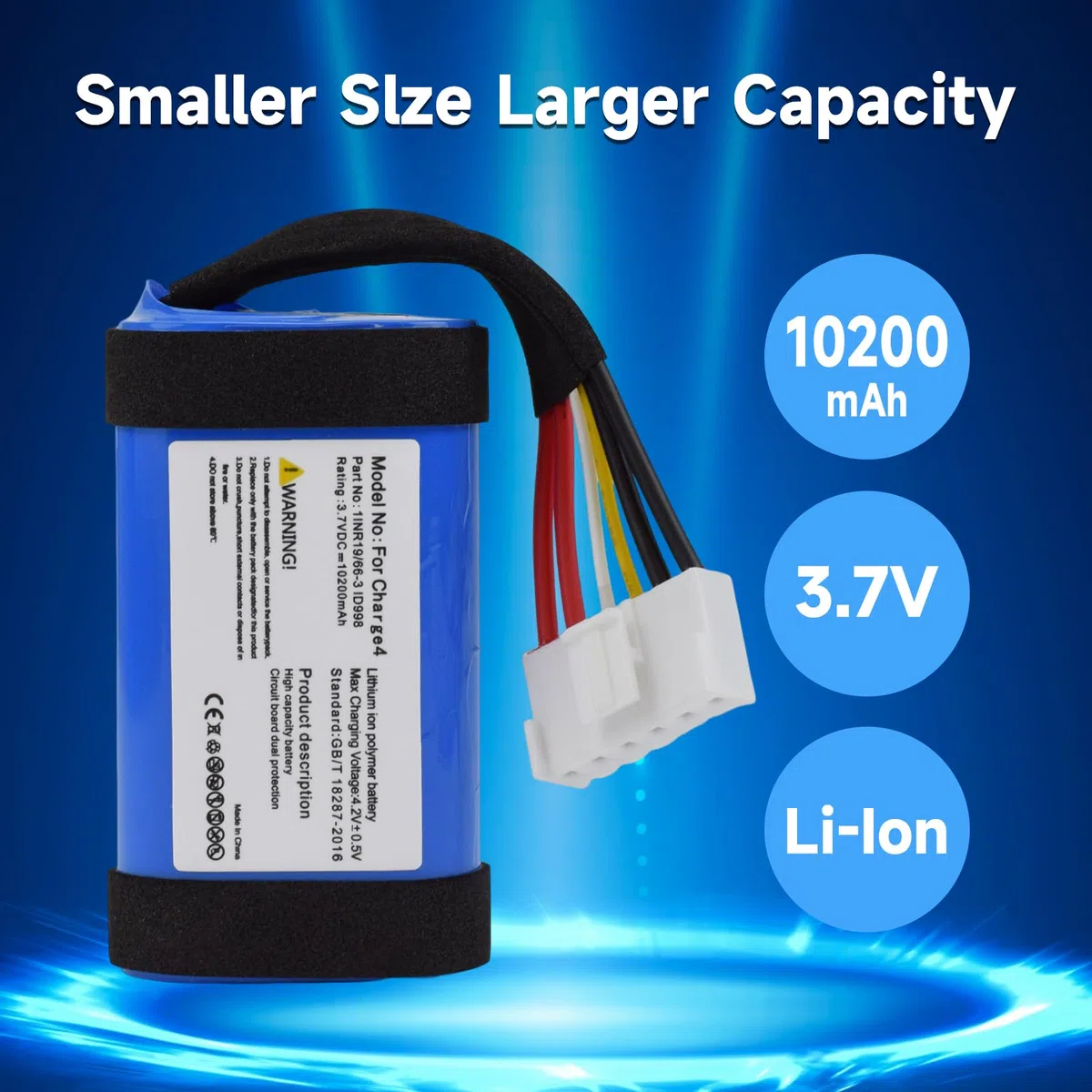 CITYORK Batería de ion de litio para JBL Charge 4, 4J, 4BLK, 3,7 V, 10200 mAh, compatible con Charge 4BLUAM, P/N ID998, SUN-INTE-118, 1INR19/66-3