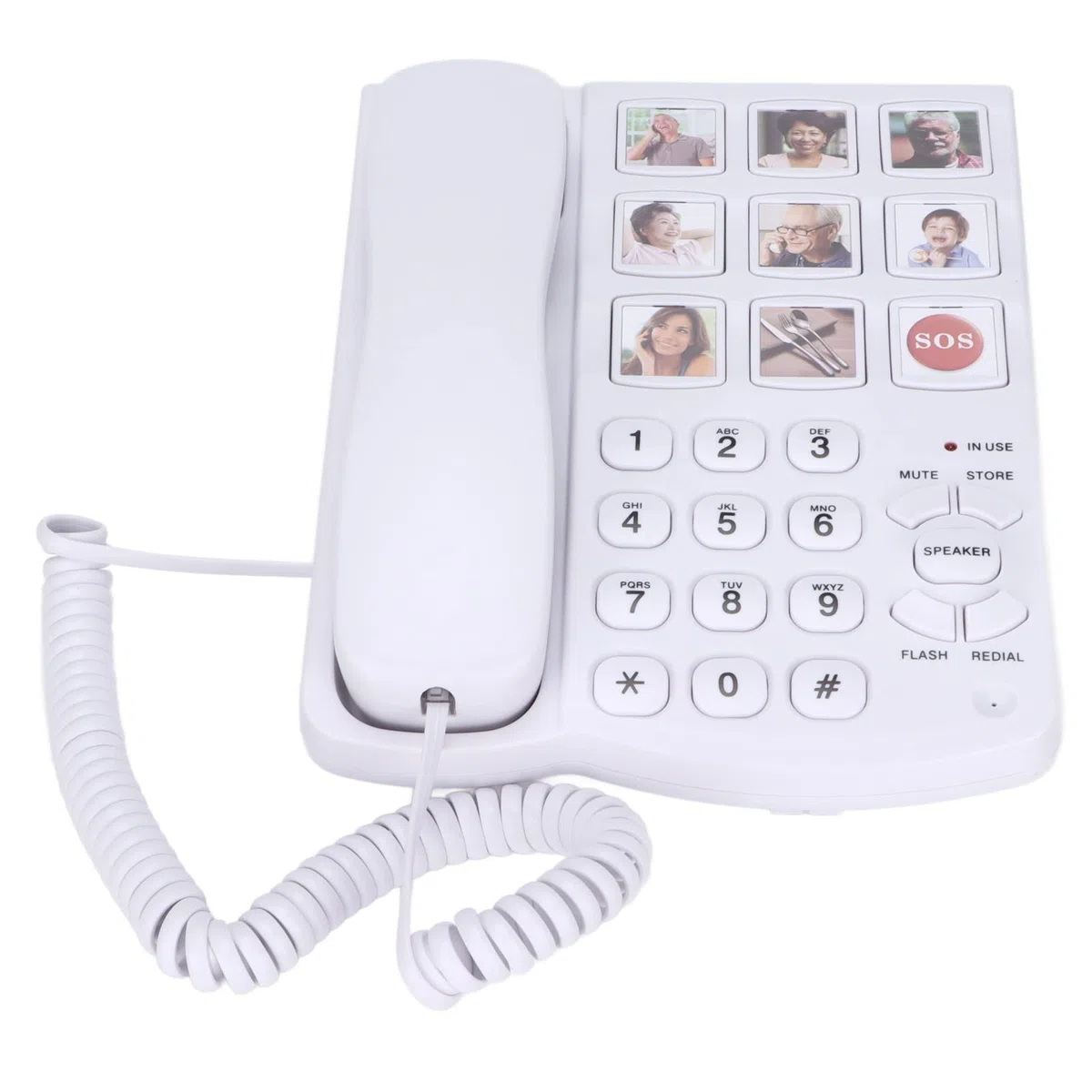 Teléfono Fijo sobremesa con Teclas Grandes, Volumen Alto, Manos Libres, Botón SOS y Silenciar Almacenar Altavoz Flash Rellamada, Teléfono de sobremesa con Memoria fotográfica para Personas Mayores