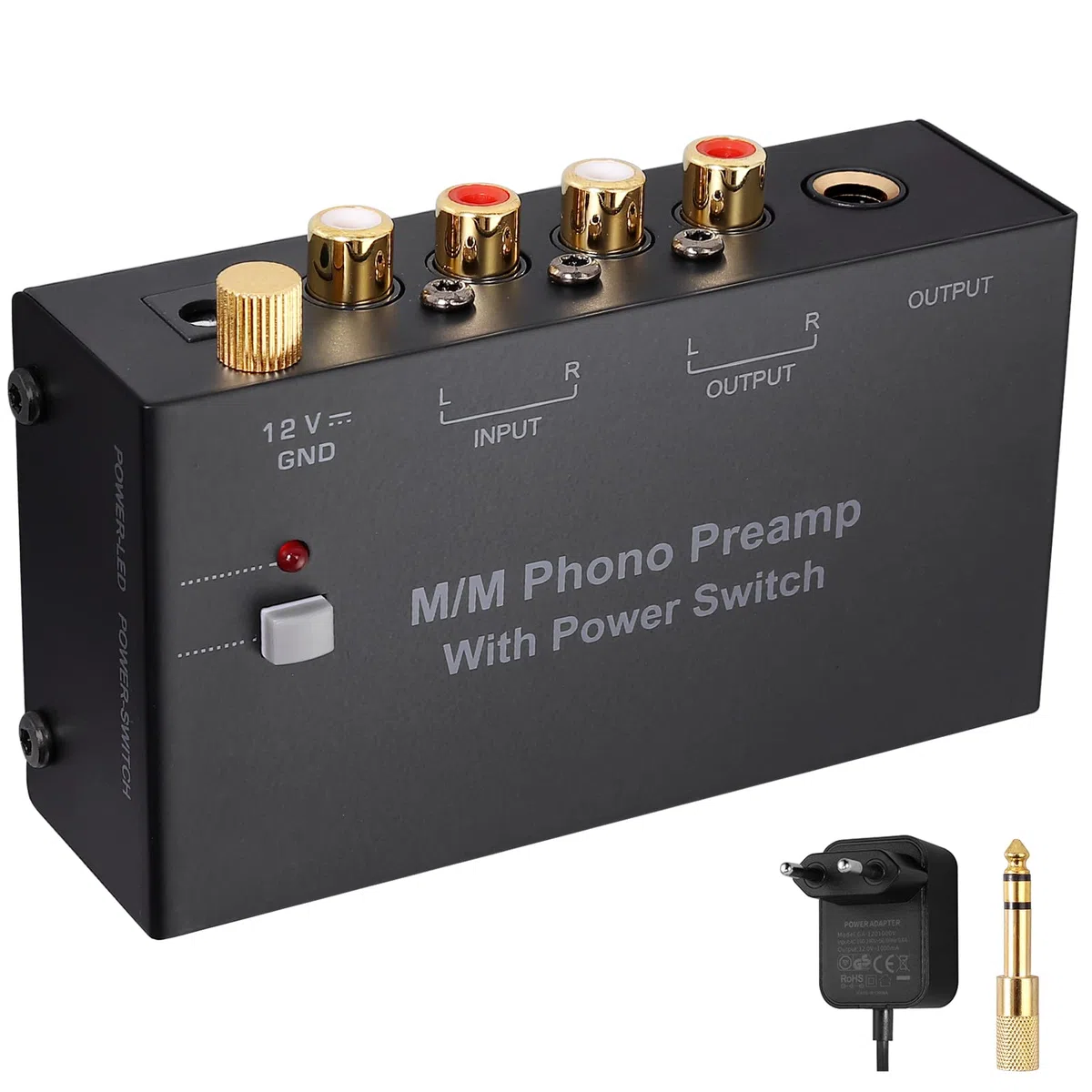 Preamplificador de Fono Ultracompacto con Bajo Nivel de Ruido para Tocadiscos MM, Salida/Entrada de RCA, Sonido de alta fidelidadInterruptor de Alimentación DC12V Fuente de Alimentación