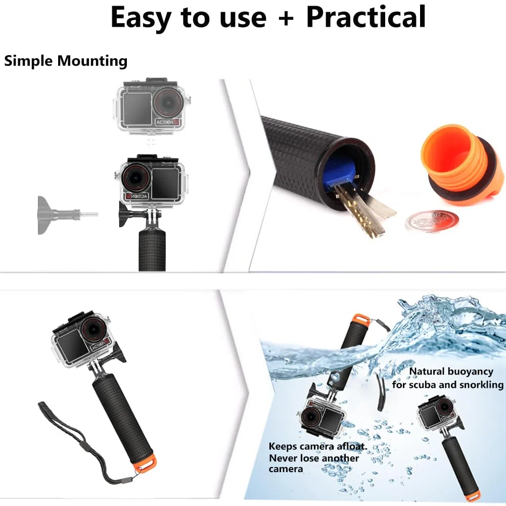 Funda Impermeable Compatible con dji Osmo Action 5 Pro/Action 4 /Action 3, Carcasa Impermeable + Mango Flotante + 6 Inserciones antivaho + Abrazadera de Montaje rápido