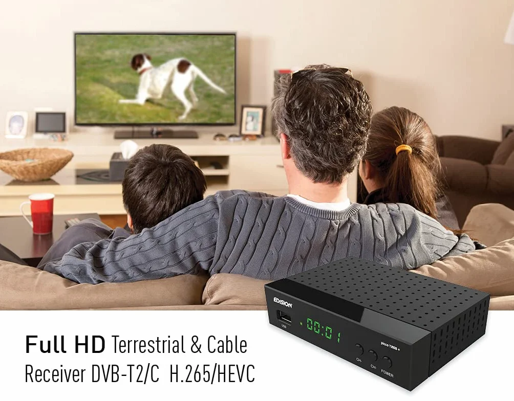 Edision Picco T265+ Receptor Terrestre TDT DVB-T2 y por Cable DVB-C, H265 HEVC FTA Full HD PVR, USB, HDMI, SCART, S/PDIF, Sensor IR, Soporte USB WiFi, Mando a Distancia Universal 2en1