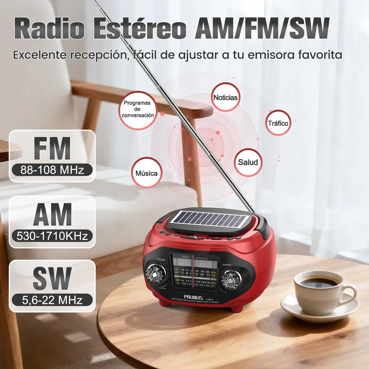 PRUNUS J-666 Transistor Radio Portatil FM/Am/SW, Radio Solar y Recargable de 1800mAh, Radios Bluetooth con Altavoz 15W, Graves Potentes y Sonido Estéreo, Soporta USB/TF/AUX, para Cocina/Salón/Jardín.