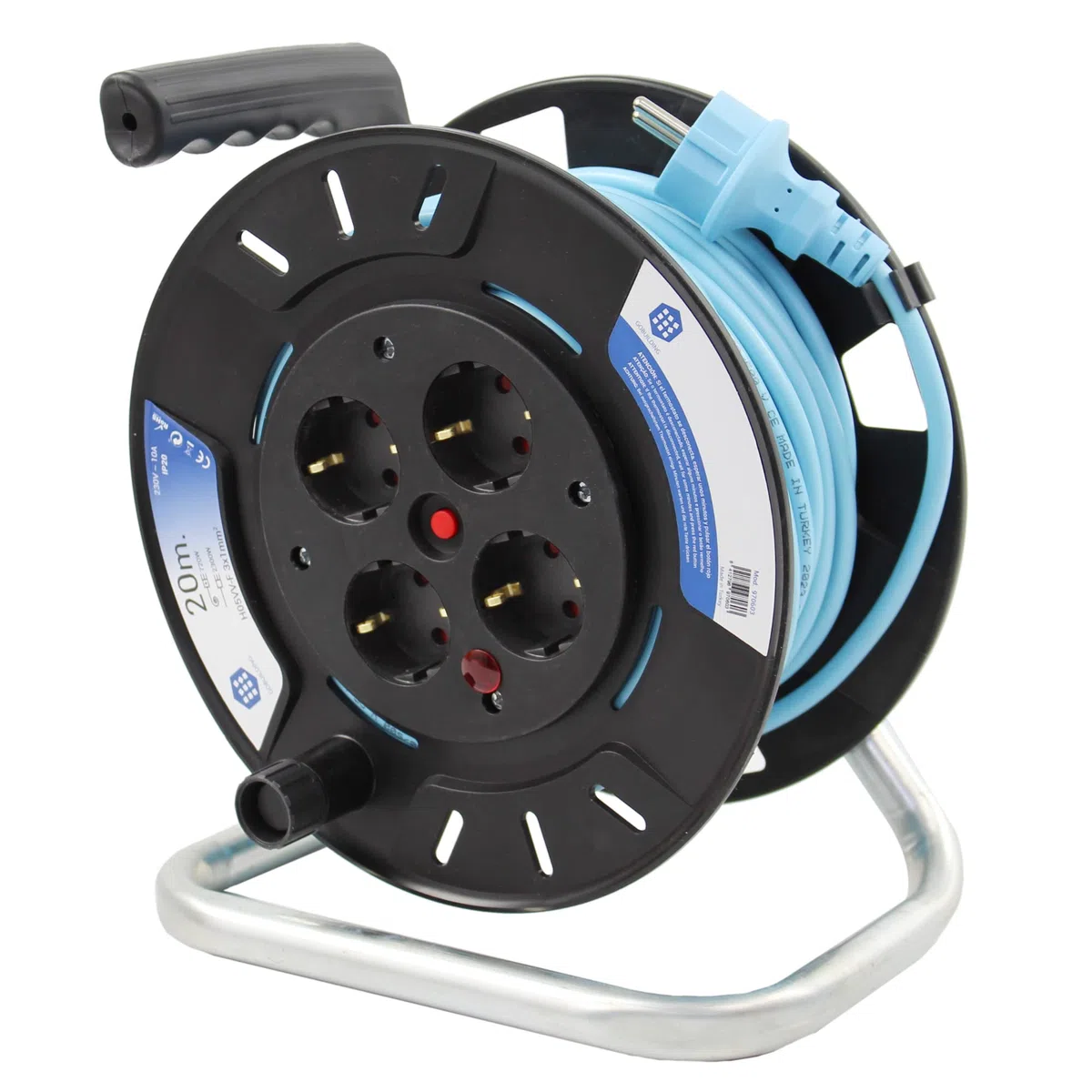 Alargador Enchufe 20 Metros - Alargadera Enrollable 20 Metros, Extensible Eléctrico IP20, Regleta Enrollable 4 Enchufes, 2300W, 230V, Cable 1mm, Enchufe Schuko Tipo F, 24x15x26 cm