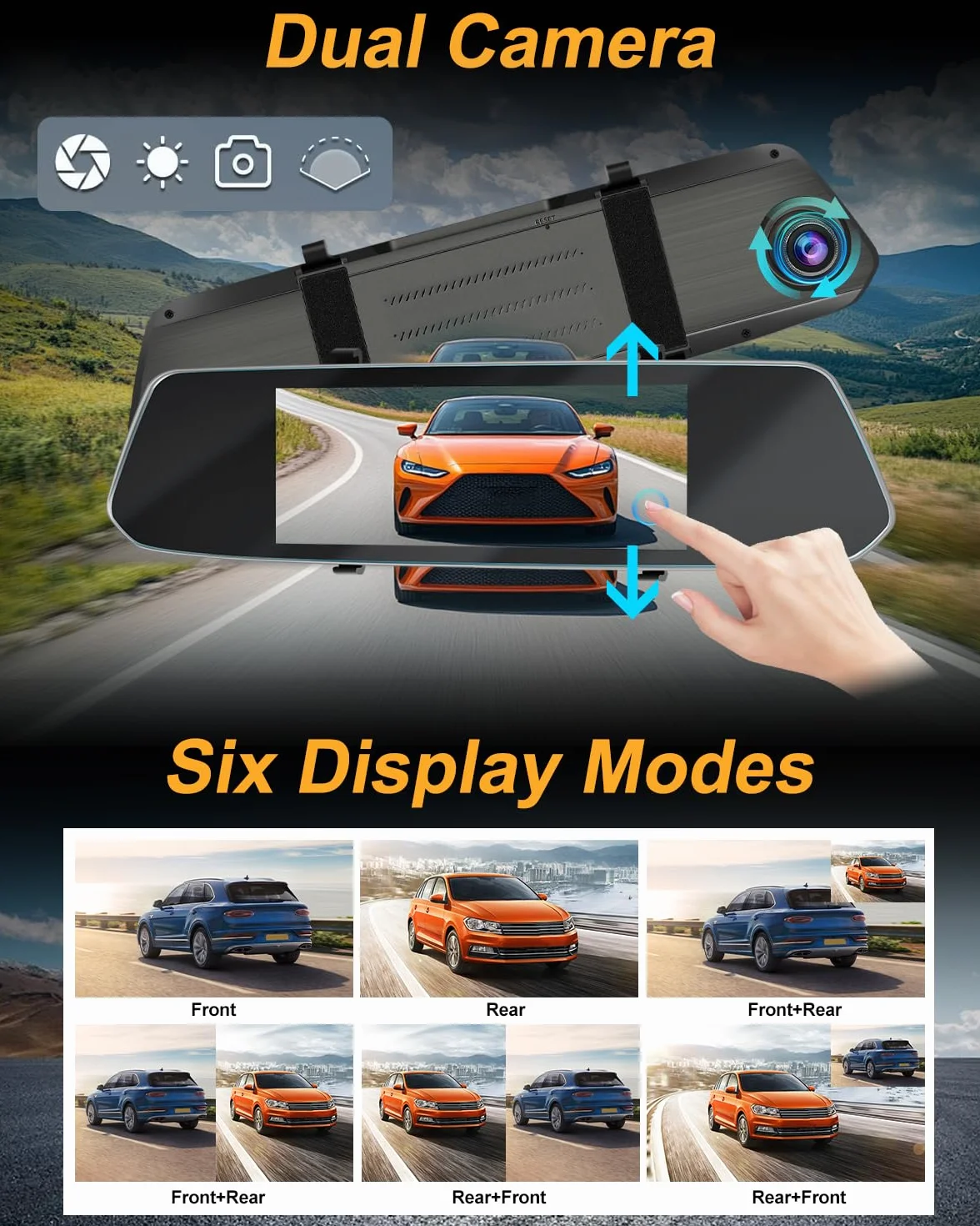 NHOPEEW 7 pulgadas Espejo Dash Cam con Vista Delantera y Trasera Cámaras Duales - Sensor de Gravedad/Visión Nocturna/Grabación en Bucle/Detección de Movimiento/Monitor de Aparcamiento + 64G Tarjeta SD