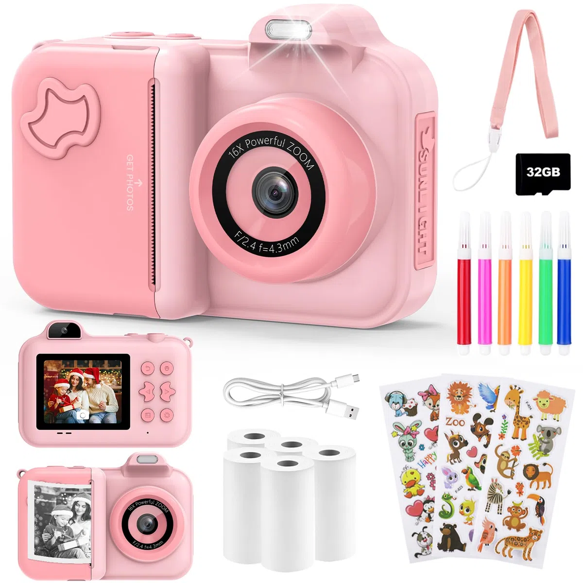 Camara Fotos Infantil Instantanea, 2,4'' Cámara Digital con Camara Dual, 24MP/1080P HD Video Cámara, Tarjeta 32GB, 5 Rollos Papel de Impresión, Regalos Juguete para Niños y Niñas de 3-8 Años Rosa