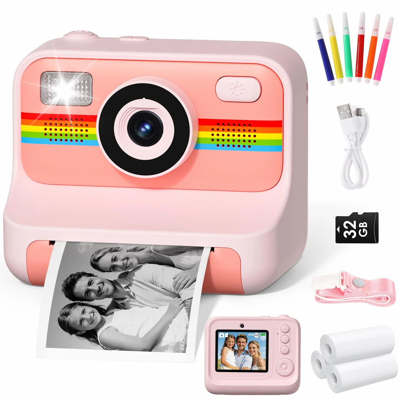 LIORQUE Camara Fotos Infantil Instantanea, 2.4'' HD 1080P Camara de Fotos Instantaneas con Tarjeta de 32G y Papel de Impresión, Bolígrafos de Colores DIY, Regalo para Niños de 3 a 12 Años (Rosa)