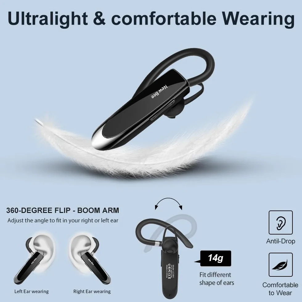 New Bee Auriculares Manos Libres, Auricular Bluetooth Inalámbrico Negocio con Micrófono Auricular para iPhone, Samsung, Huawei, Xiaomi, HTC, LG, Sony, PC 60 Días en Espera (Negro)