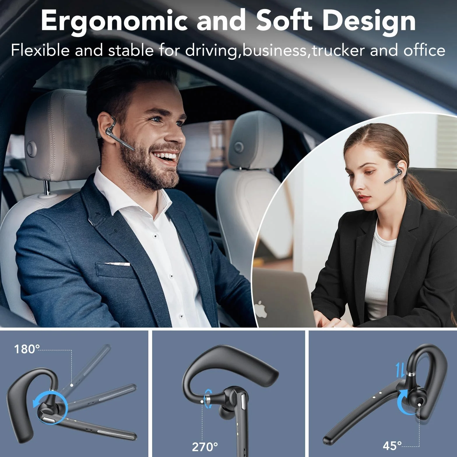 CASCHO Manos Libres Auricular Bluetooth V5.3 con Doble Micrófono Cancelación, 70hrs Talk Auriculares Inalambricos Bluetooth con Pantalla LED, IPX7, para Conducir/Neg