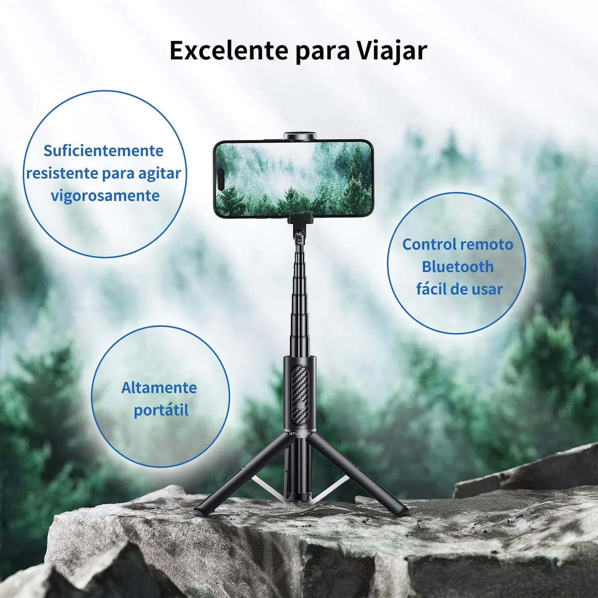 ATUMTEK Palo Selfie Trípode, Trípode Móvil 3 en 1 Extensible de Aluminio con Mando a Distancia Bluetooth Inalámbrico, Compatible con iPhone 17/16/15/14/13/12 mini/11 Pro y Smartphones Samsung, Negro