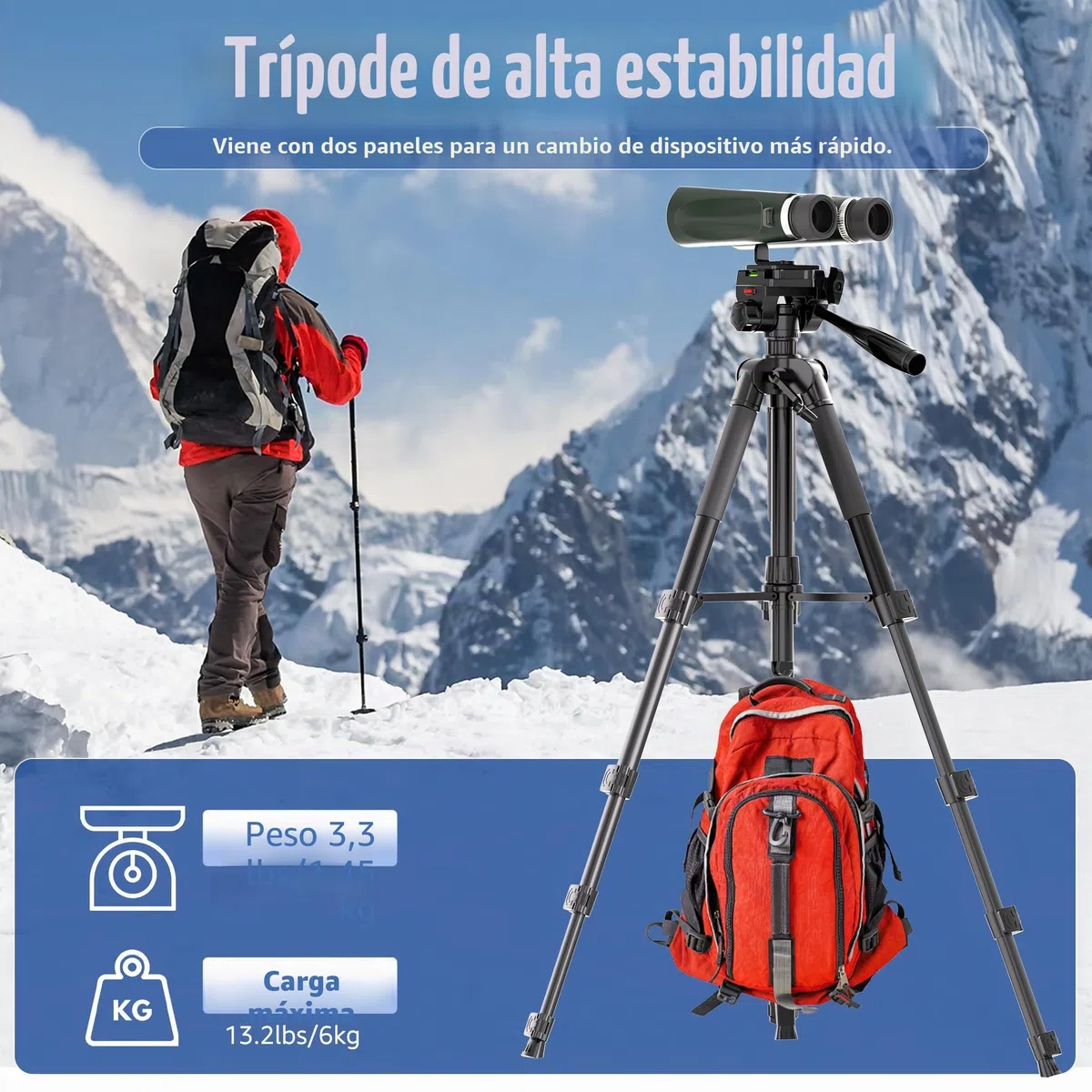 Trípode para prismáticos, trípode para telescopio terrestre de 183 cm con adaptador para prismáticos y 2 placas de liberación rápida, soporte de cámara de viaje con soporte para teléfono/bolsa de