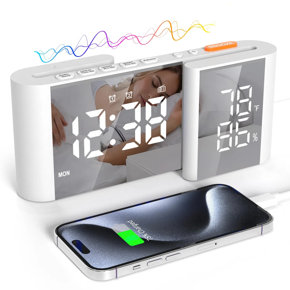 Radio Despertador para Dormitorio FM Radio LED Espejo Reloj Snooze Puerto USB Cargador Volumen Brillo Ajustable Blanco