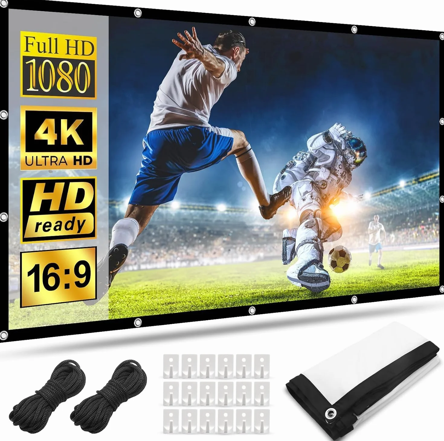 HOPFROG 100 Pulgadas Pantalla Proyector Portátil, Tela de Seda de Leche Lavable y Antiarrugas, 16:9 4K HD Doble Cara Plegable para Camping Exterior y Cine en Casa, Fácil Instalación con Ganchos