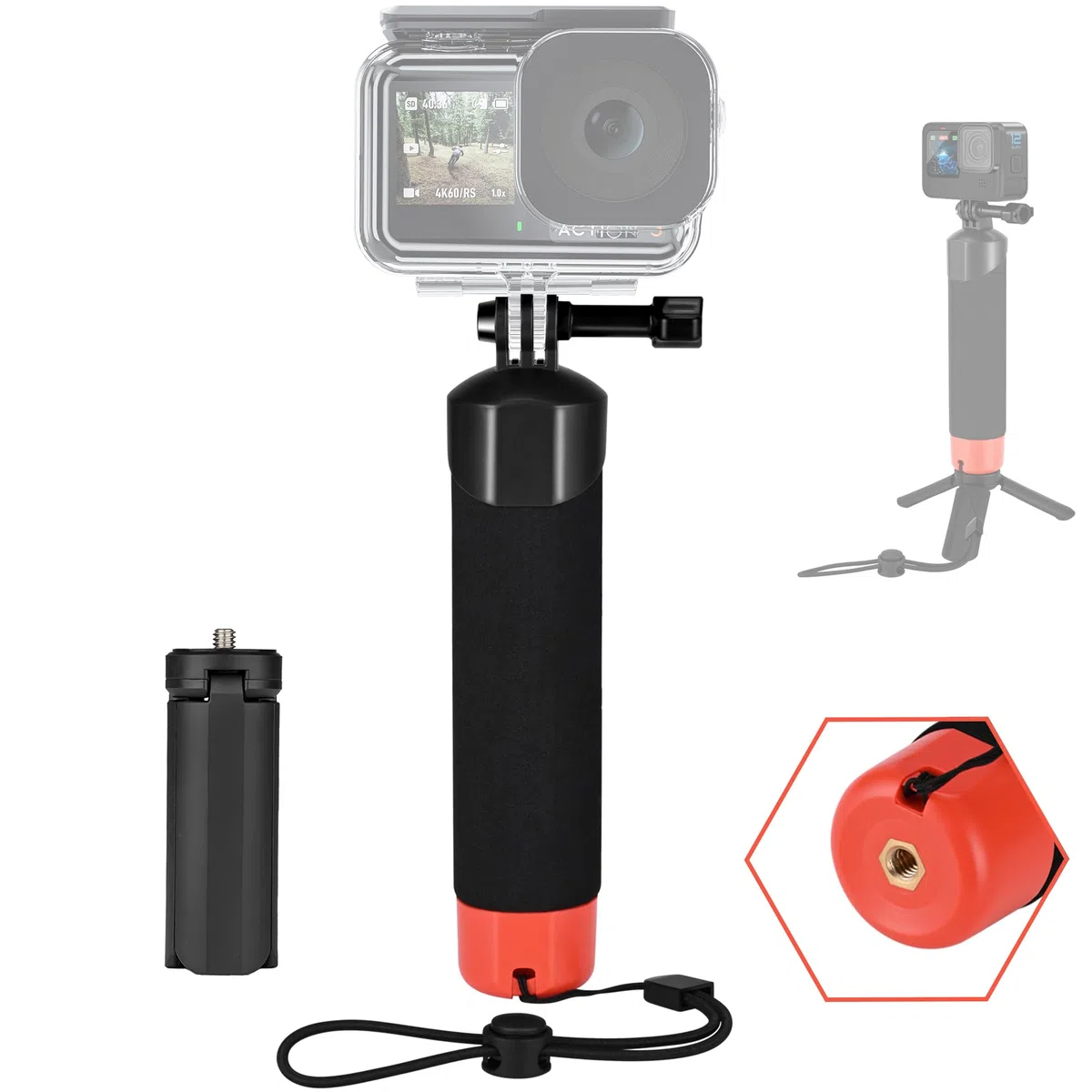 Empuñadura Flotante para GoPro, Palo Impermeable + Mini trípode (Juego de accesorios) Compatible con GoPro Hero 13/12/11/10/9/8/7/6/Max, DJI Osmo Action, AKASO, WOLFANG y otras cámaras de acció
