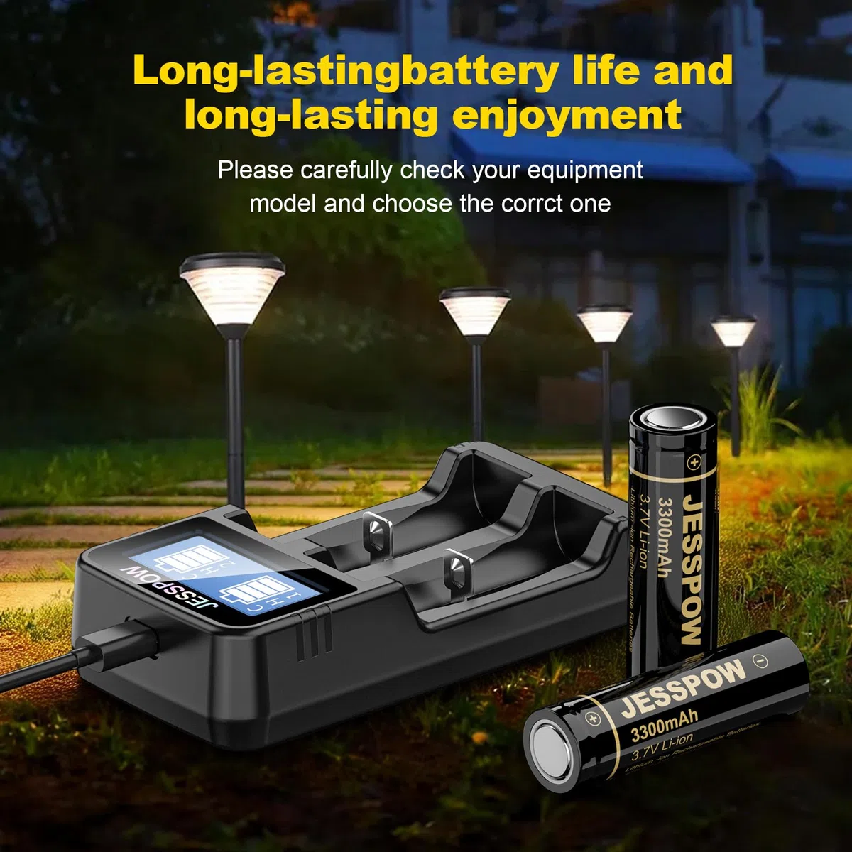 3.7 Volt Pilas Recargables con Cargador, 3300mAh Top Plana Li-Ion Recargable Batería Adecuado para Linternas, Cámaras, Ventiladores Pequeños (Paquete de 2, 18 X 65 mm)