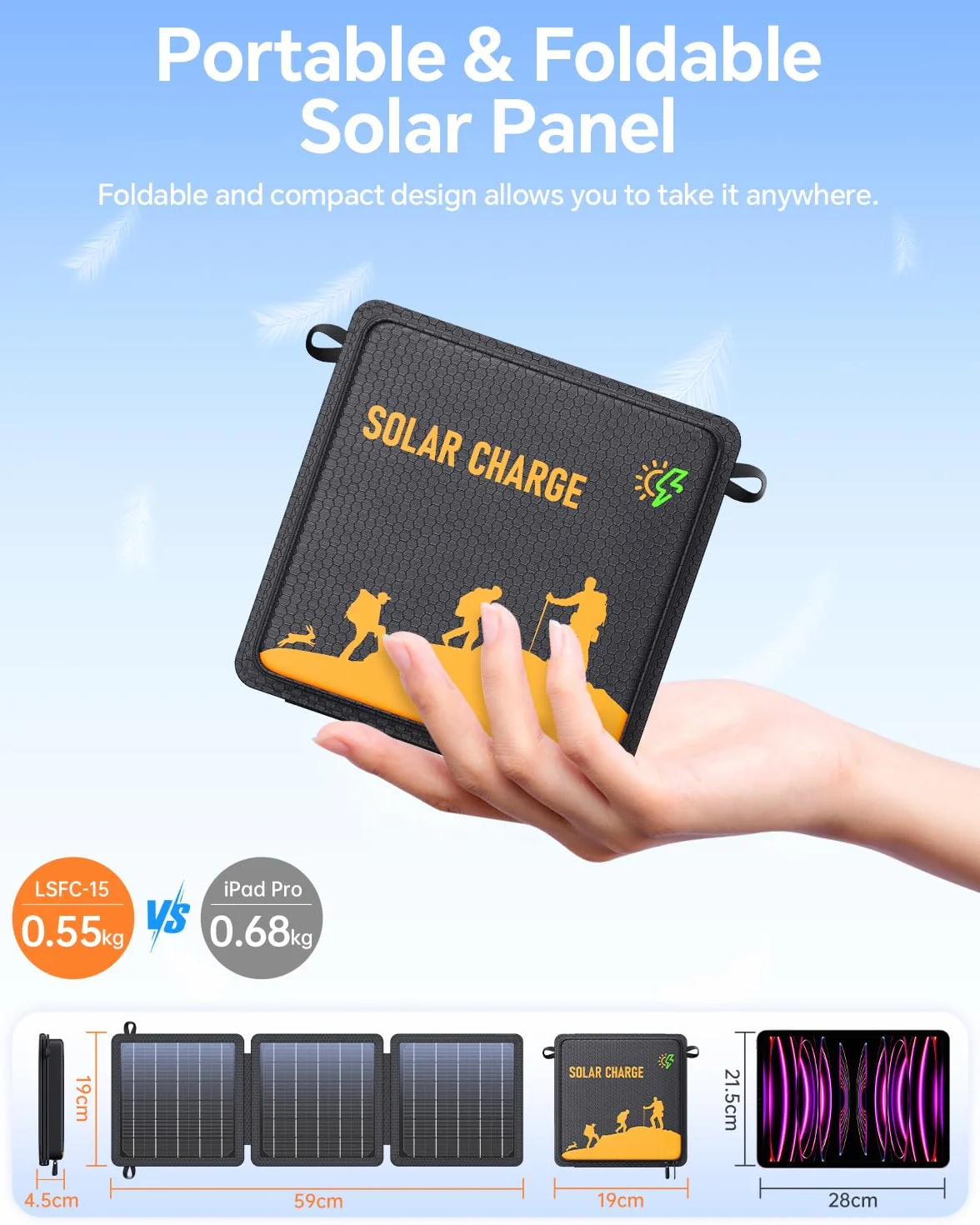 Panel Solar Portatil 15W, Cargador Solar de con Salida USB-C/USB Compatible con Teléfonos y Tabletas, Eficiencia de Conversión del 24%, Impermeable IPX4 para Camping y Emergencia Apagones