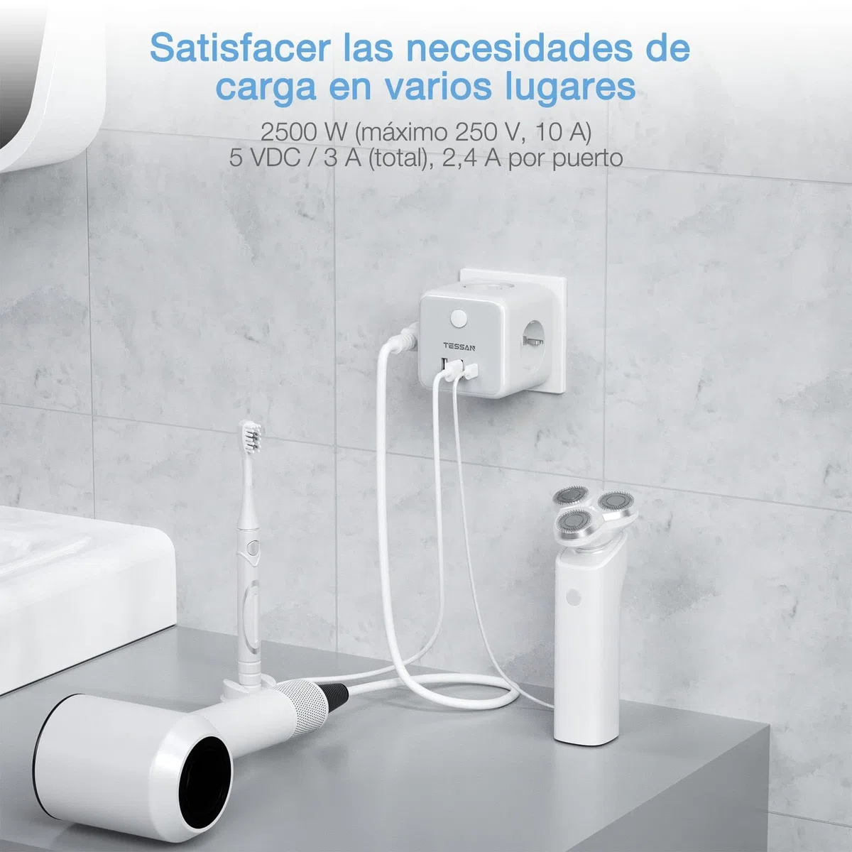 TESSAN Ladron Enchufes con USB C, 6 en 1 Cubo Cargador Ladrón Enchufes, Triple Multiple con 3 USB, Multiple Pared con Interruptor, Regleta Pared Compatible con Phone, Pad, Hogar Oficina