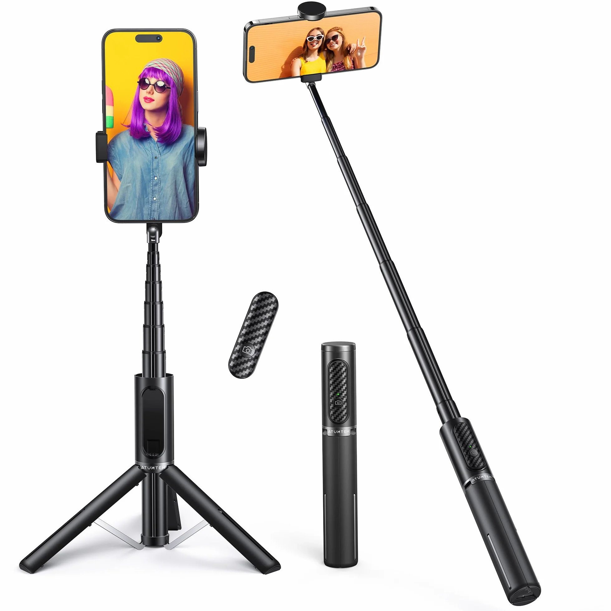 ATUMTEK Palo Selfie Trípode, Trípode Móvil 3 en 1 Extensible de Aluminio con Mando a Distancia Bluetooth Inalámbrico, Compatible con iPhone 17/16/15/14/13/12 mini/11 Pro y Smartphones Samsung, Negro