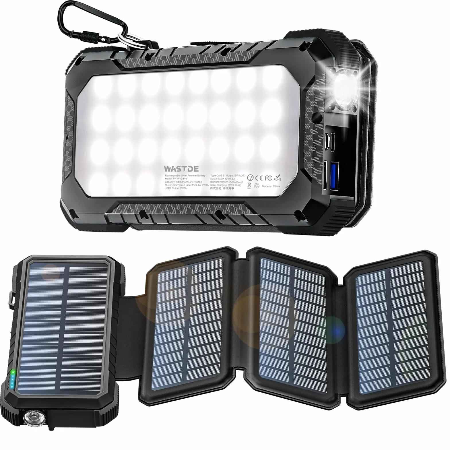 Power Bank Solar 26800mAh con 4 Paneles Solares, Cargador Solar USB-C 18W Carga Rápida con luz de Camping y Linterna (SOS) para Teléfono, Batería Externa para Exteriores Emergencia Apagones