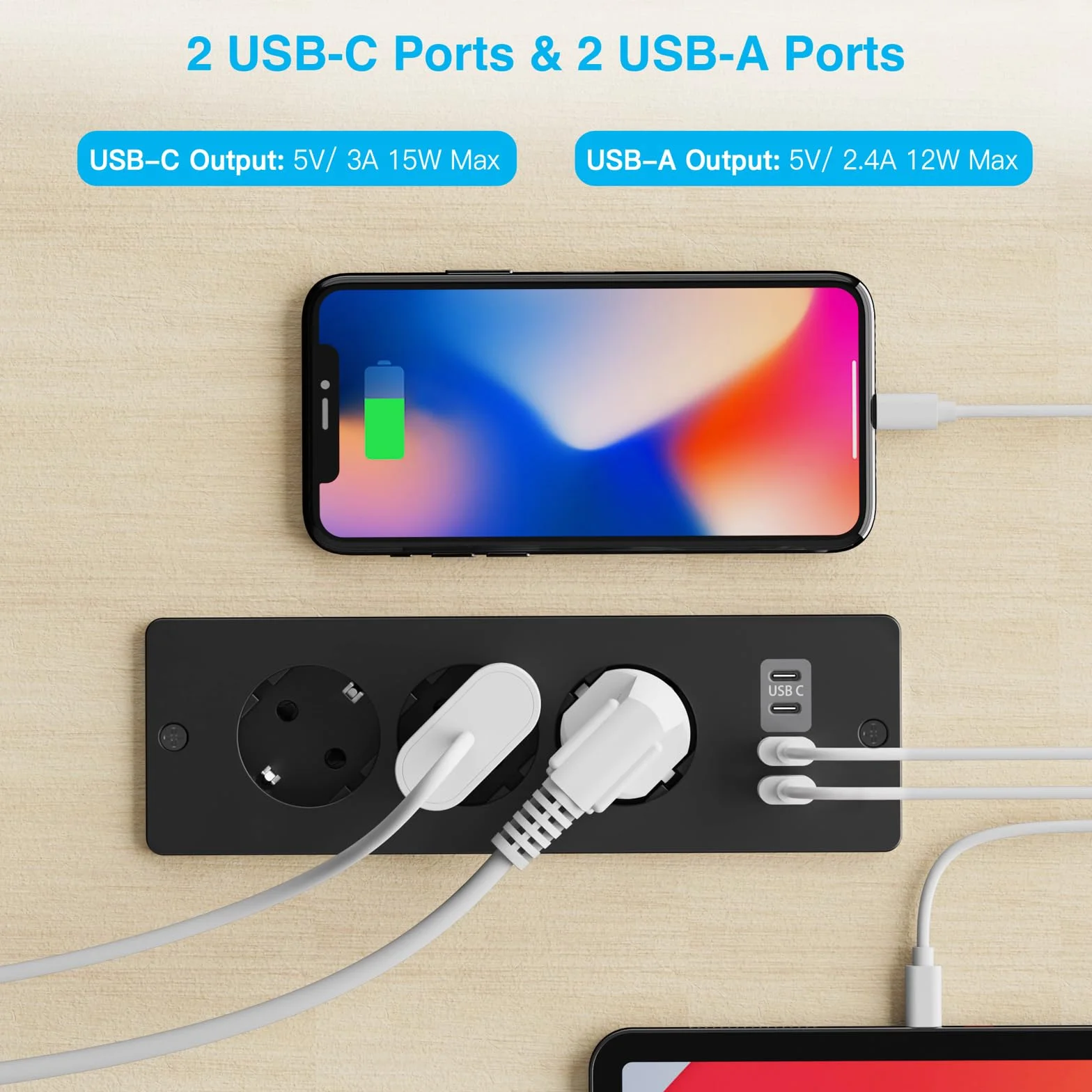 Toma de Empotrar de Sobremesa con 2 USB y 2 Type-C, Regleta Empotrable de 3 Vías con Cable de 2m, Toma de Sobremesa, Toma Múltiple para Muebles o Superficies de Trabajo, Negro