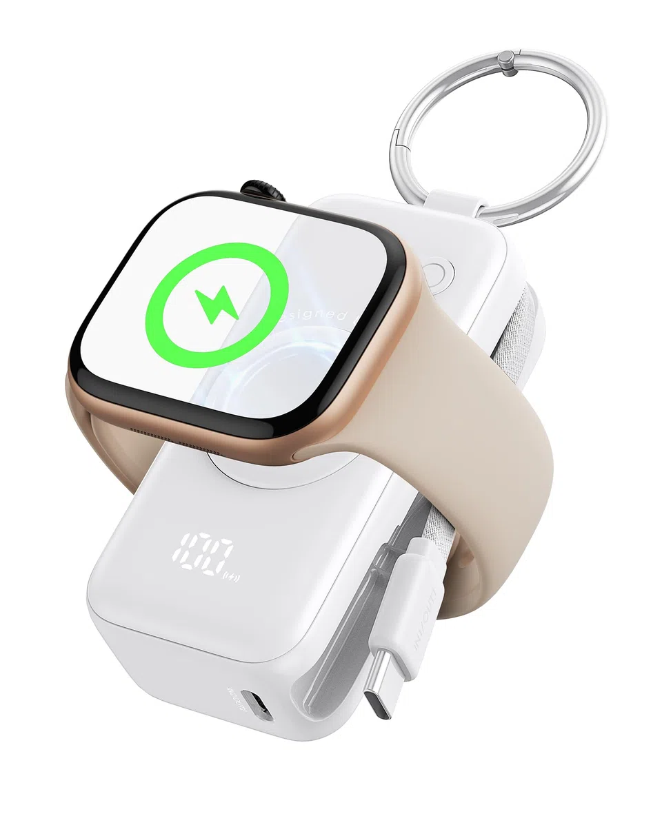 INIU Power Bank para Apple Watch, 5000mAh Batería Externa con Cable Incorporado, Cargador Portátilpara Delgado con Llavero de Viaje Pantalla LCD para iWatch 10/9/8/Ultra2/Ultra/SE, Blanco