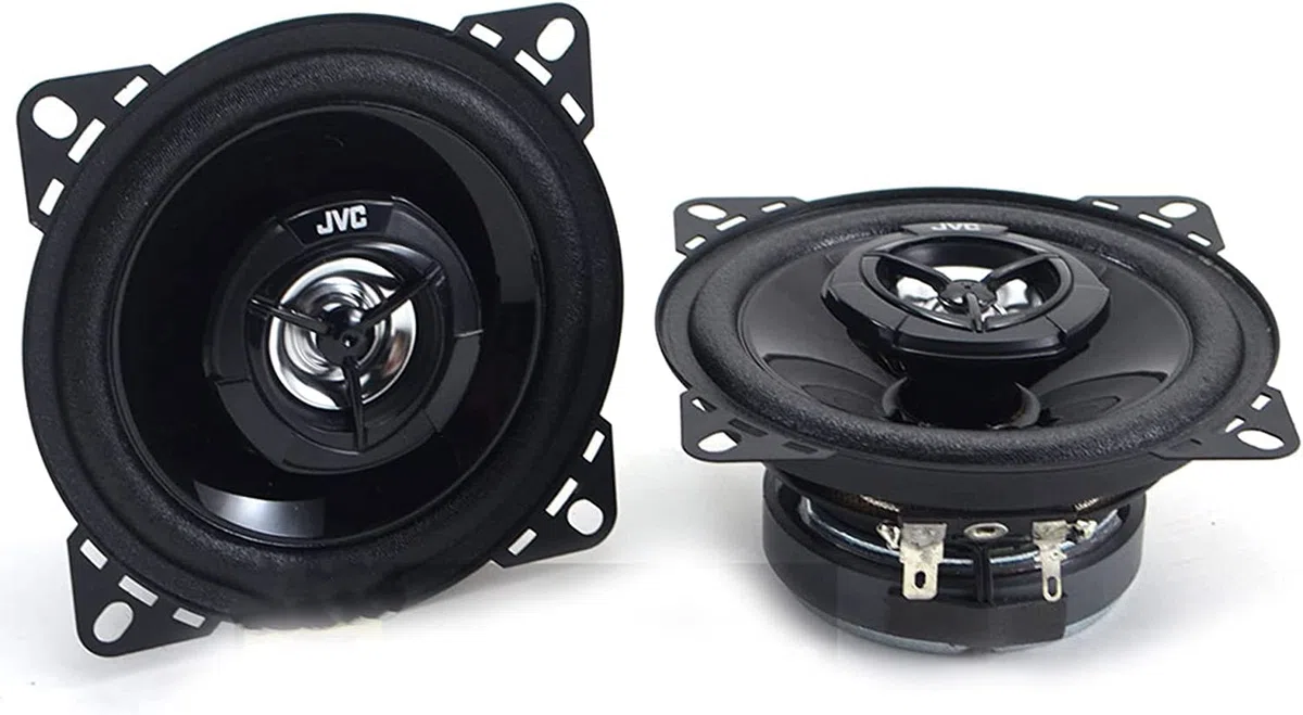 JVC CS-DR420 Altavoces Coaxiales de 2 vías de 100mm | Altavoces para el Coche con Sonido Potente de Calidad. Potencia de Pico 220W. Cono de Woofer de Mica de Carbono y Tweeter Balanceado de PEI