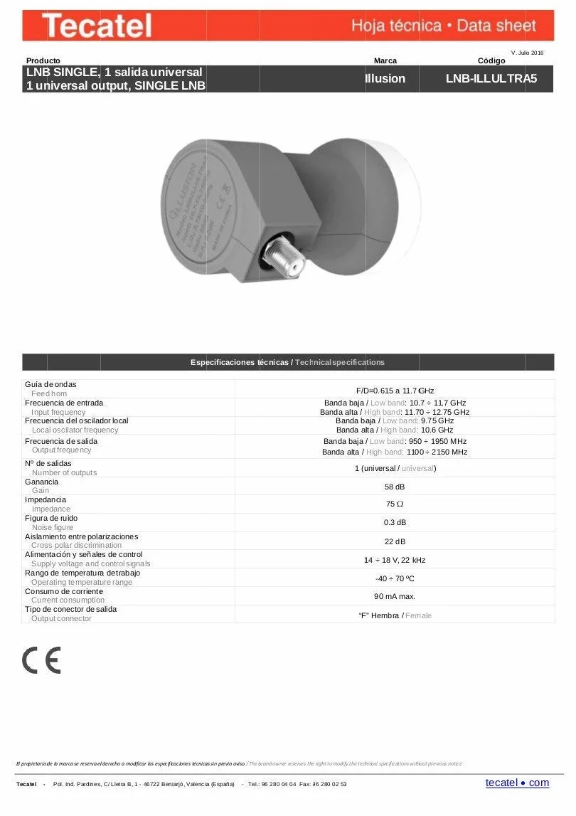 Tecatel K60C1LSCC - Kit parabólica, suporte, LNB Universal, cable y conectores, 60 cm, color blanco