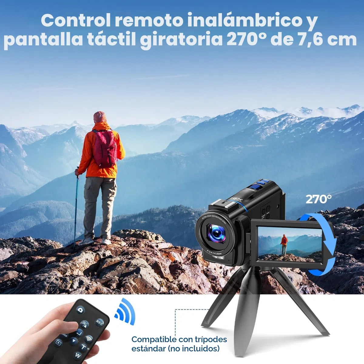 Cámara de vídeo 4K 48MP Videocámara 16X Zoom Digital IR con Pantalla táctil giratoria 270° y Tarjeta SD 32GB