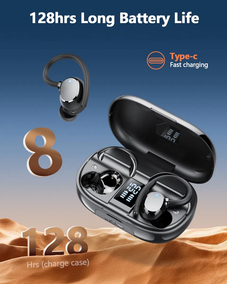 Auriculares Inalámbricos Deportivos, Nuevo Auriculares Bluetooth 5.3 HiFi Estéreo, 128H Cascos Inalambricos Bluetooth con 4 HD Mic Pantalla Dual LED, IPX7 Control Táctil Inalámbricos para iOS/Android