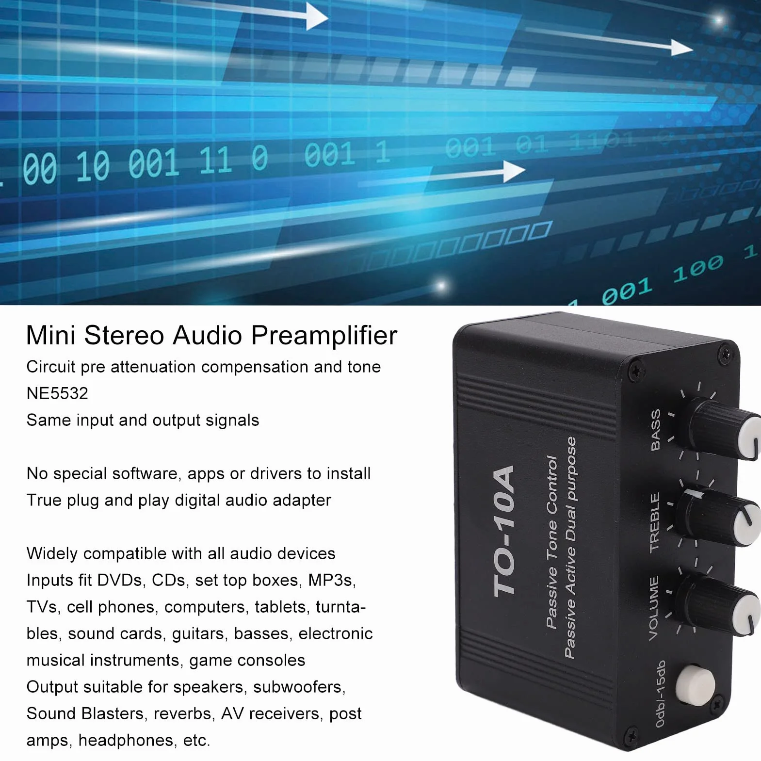 Mini Preamplificador de Audio Estéreo, Mini Preamplificador de Audio Estéreo NE5532 con Entrada/Salida y 3.5mm para DVD, CD, MP3, TV, Teléfonos Móviles, Tocadiscos,